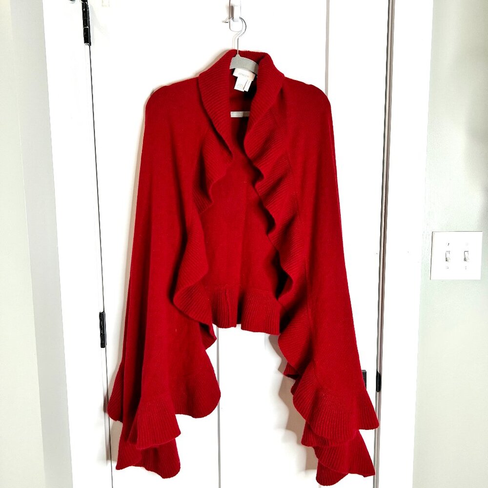 Chico's Wool Rabbit Hair Blend Ruffle Red Poncho Sweater Holiday Festive OS